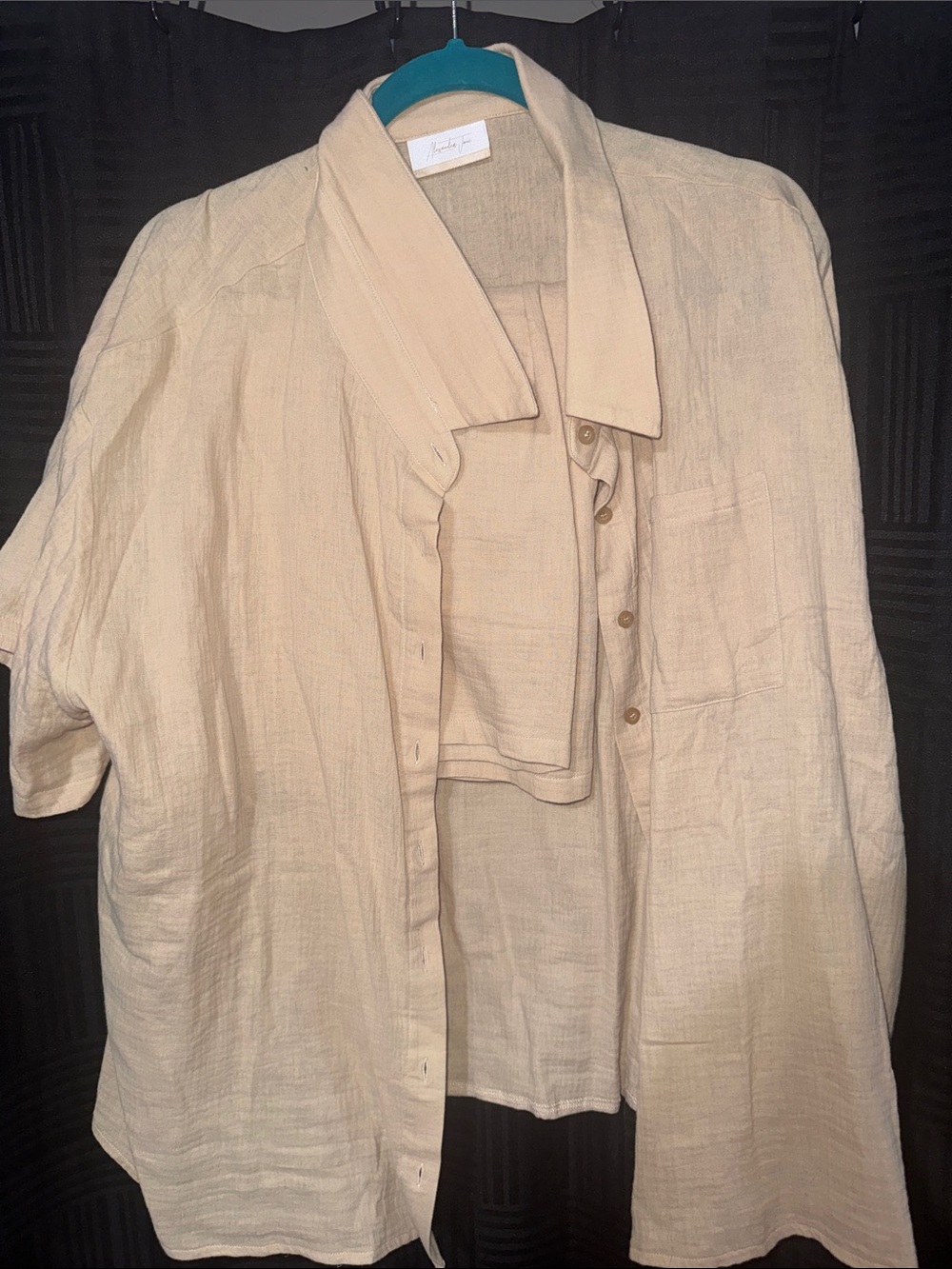 Light Beige Linen Button-Up Shirt with Matching Shorts